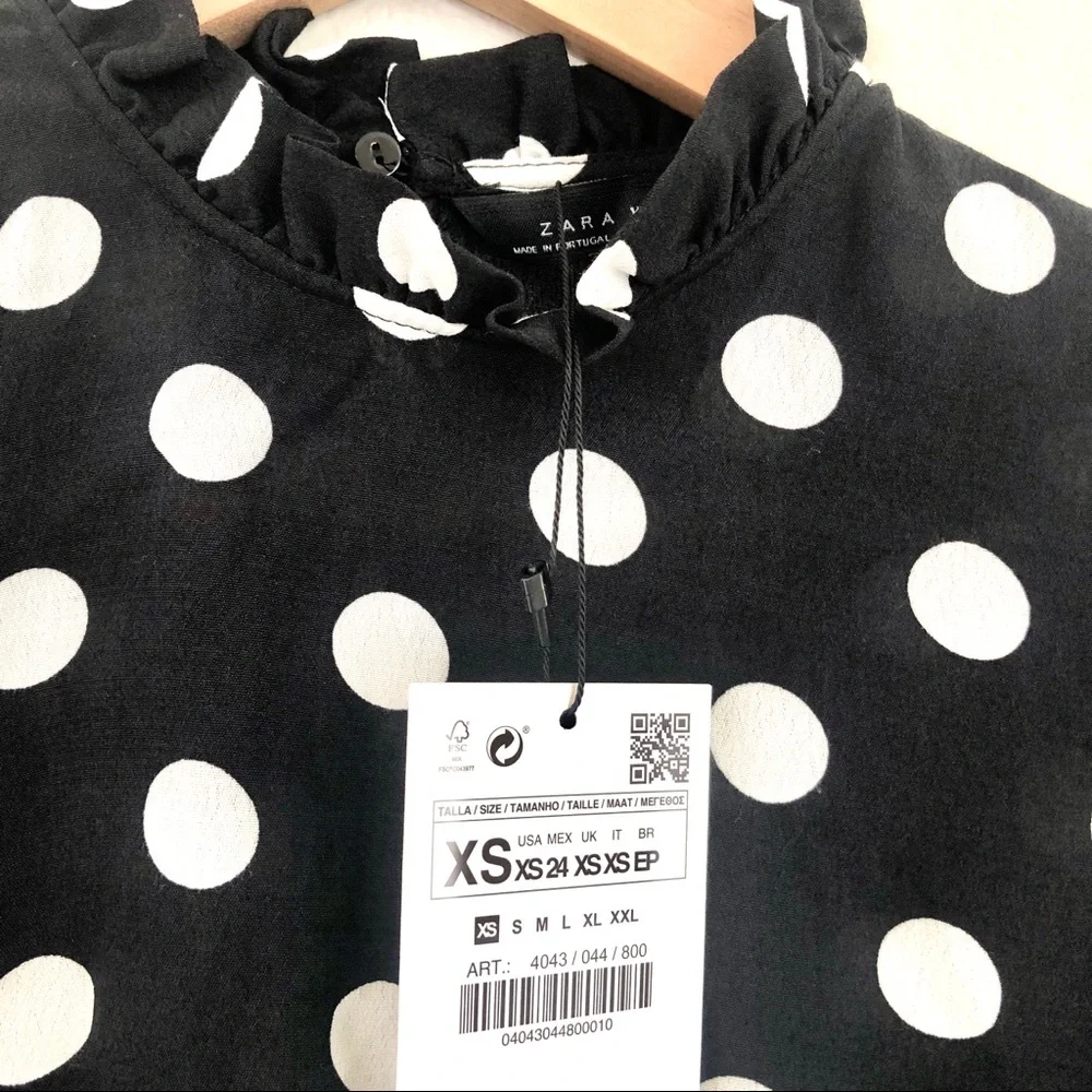 ZARA Smocked Puff Sleeve Polka Dot Mock Neck Blouse in Black